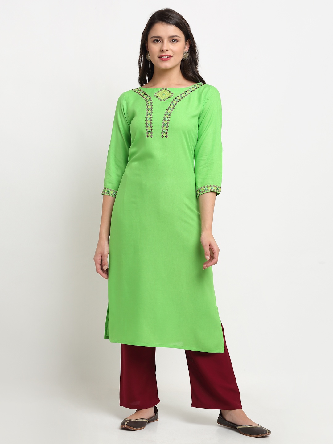 

The Mini NEEDLE Women Green Printed Kurta with Trousers