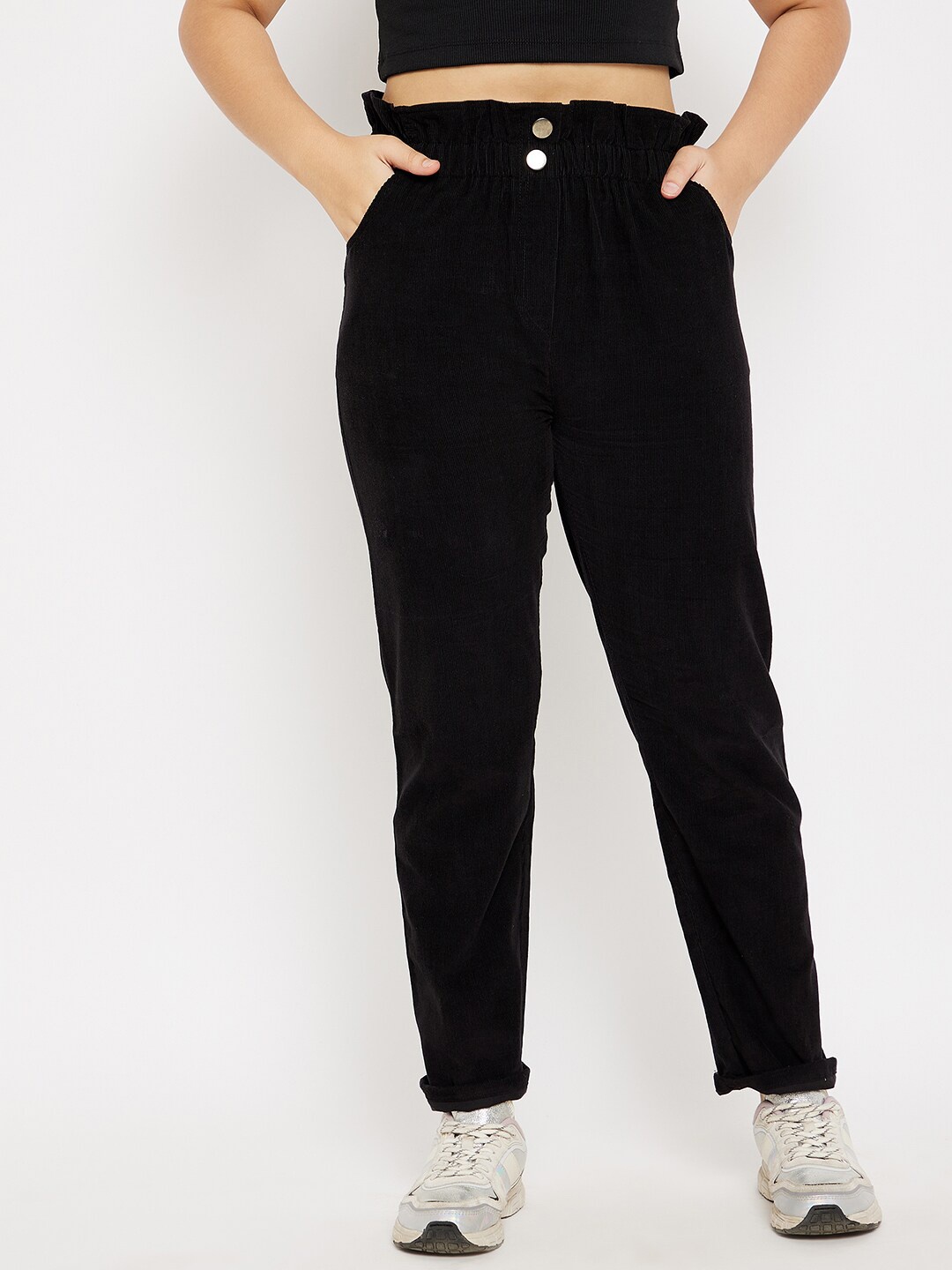 

luyk Girls Black Smart High-Rise Lint Free Corduroy Trousers