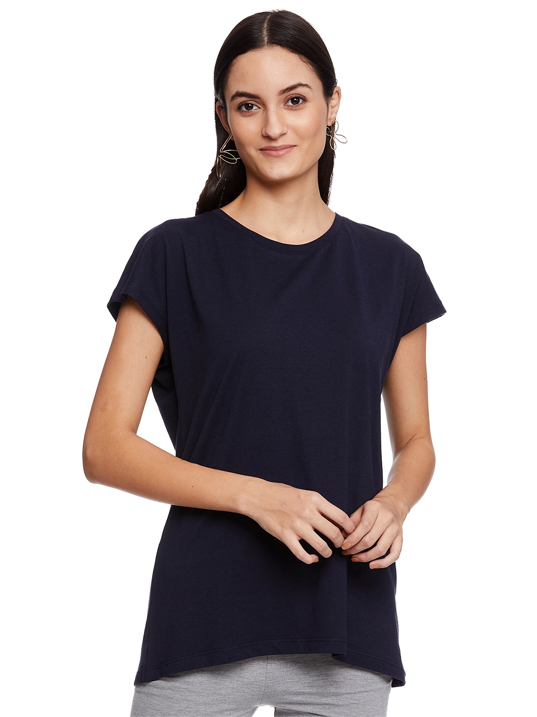 

UNMADE Women Navy Blue Drop-Shoulder Sleeves Loose T-shirt