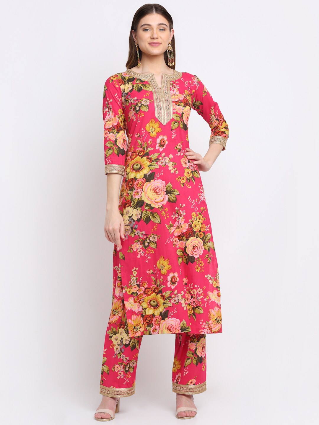 

anokherang Women Pink Floral Embroidered Kurta
