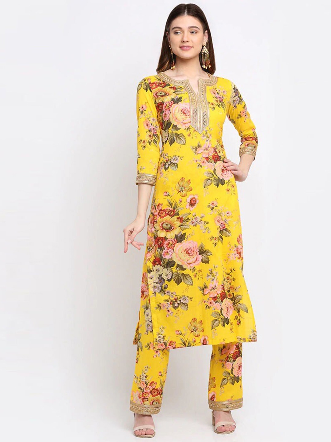 

anokherang Women Mustard Yellow Embroidered Keyhole Neck Flared Sleeves Kurta