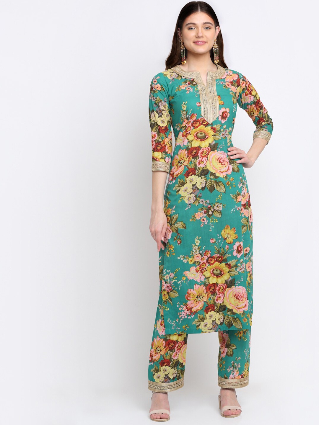 

anokherang Women Green Floral Printed Kurta