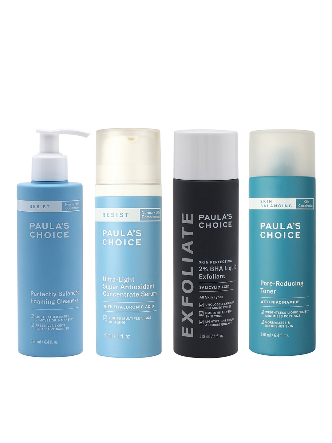 

Paulas Choice Exfoliant Liquid + Foaming Cleanser +Pore-Reducing Toner +Antioxidant Serum, Blue