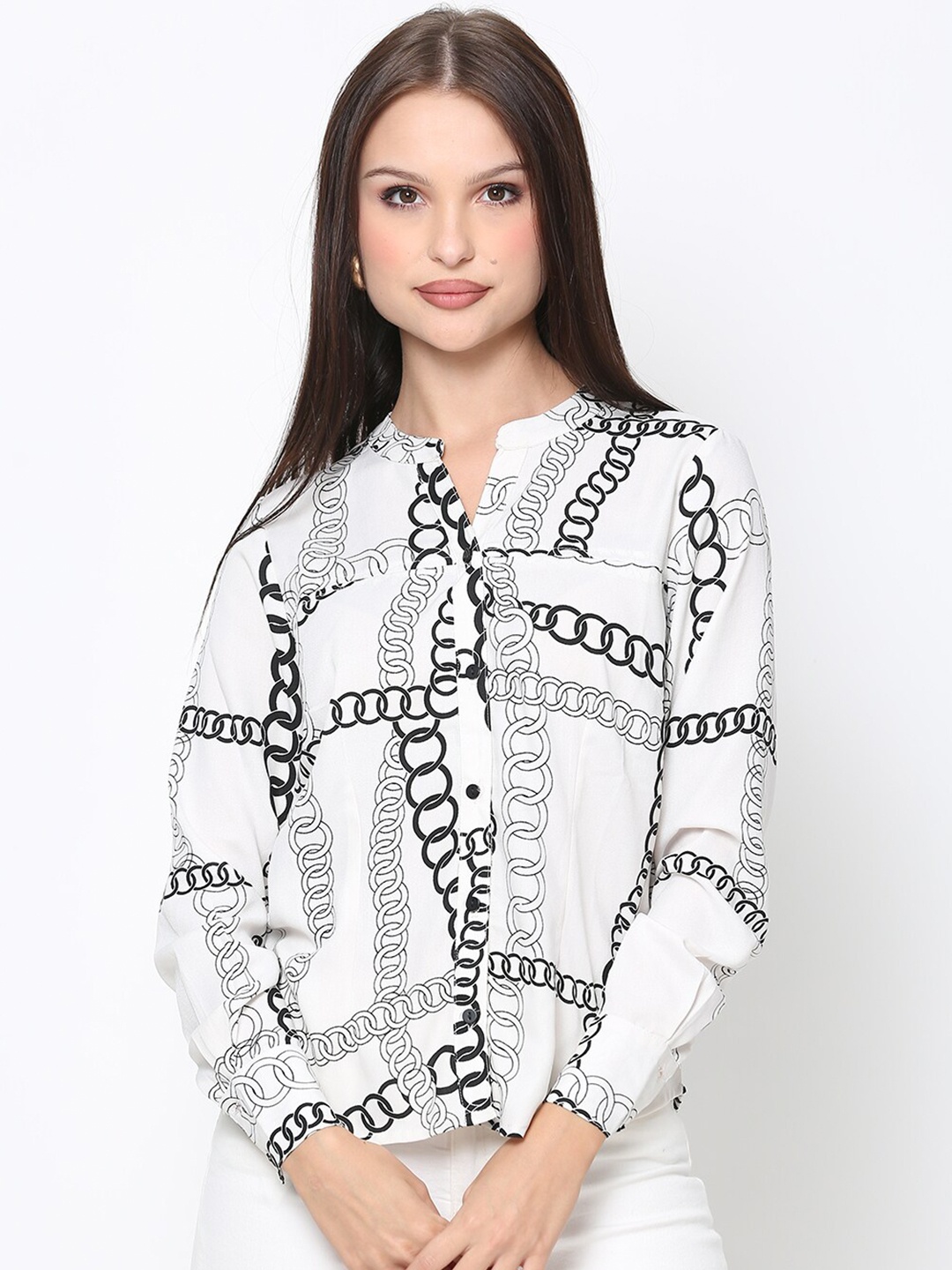

DRIRO White Chain Print Mandarin Collar Crepe Shirt Style Top