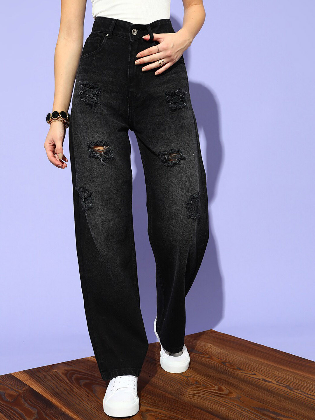 

STREET 9 Women Black Flared High-Rise Slash Knee Jeans