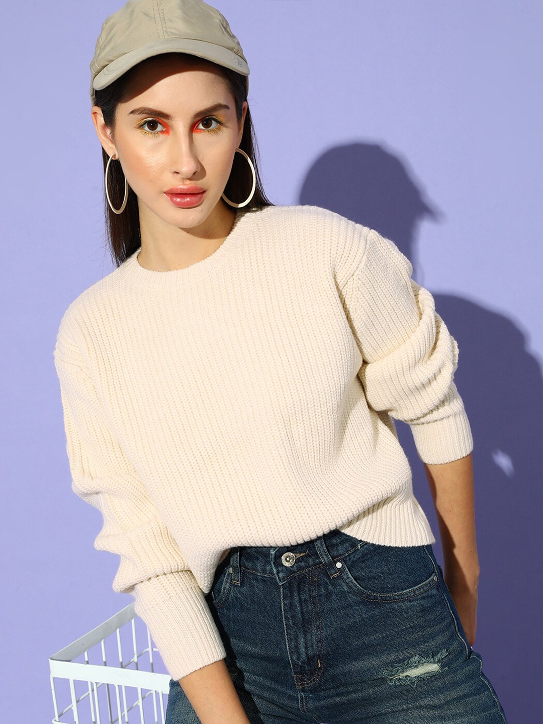 

STREET 9 Women Off White Ribbed Crop Pullover