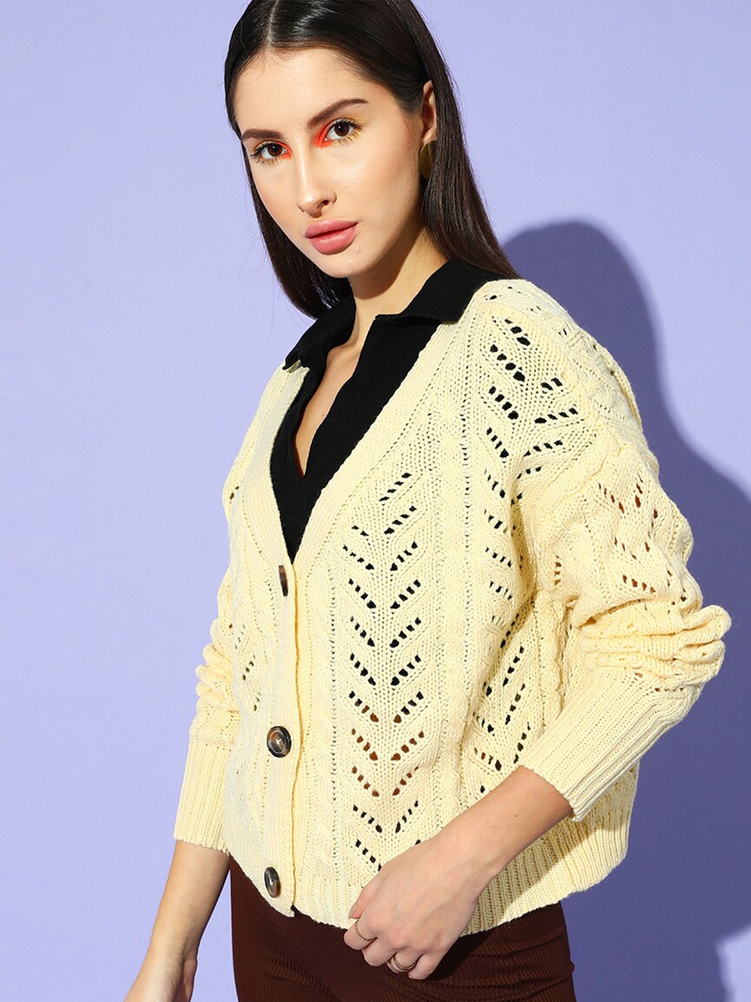 

STREET 9 Women Yellow Open-Knit Cardigan