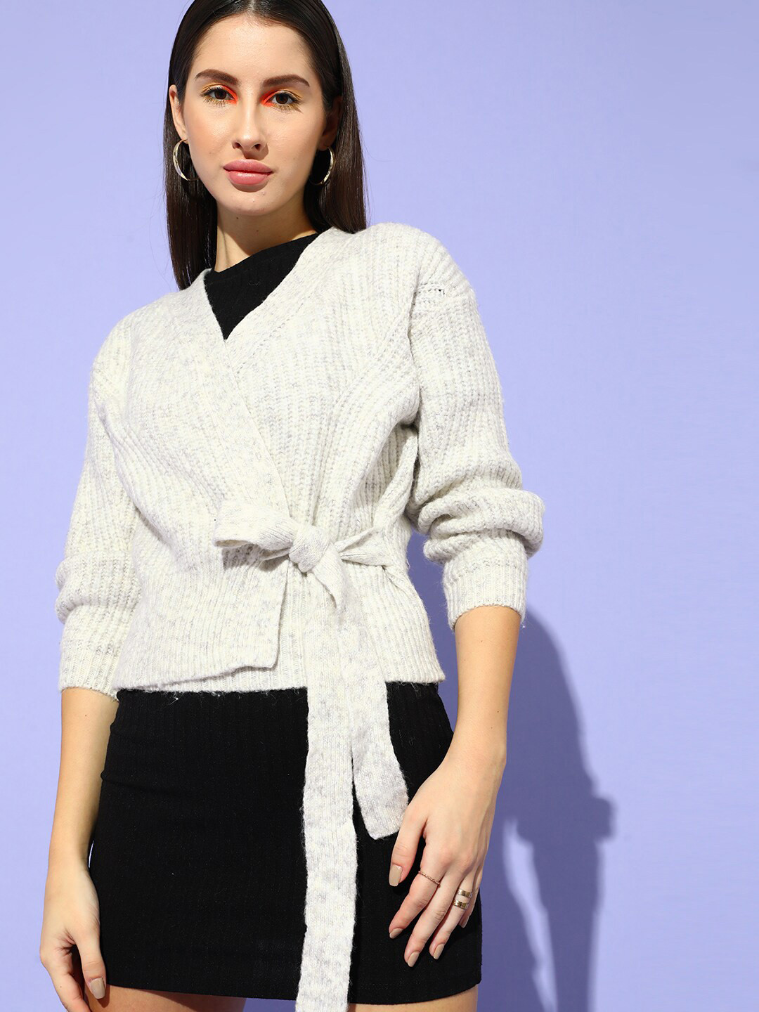 

STREET 9 Women Grey Wrap Tie Up Crop Acrylic Cardigan
