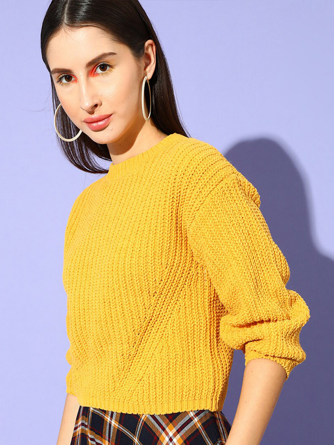 

STREET 9 Women Yellow Ribbed Three Quarter Sleeves Pullover