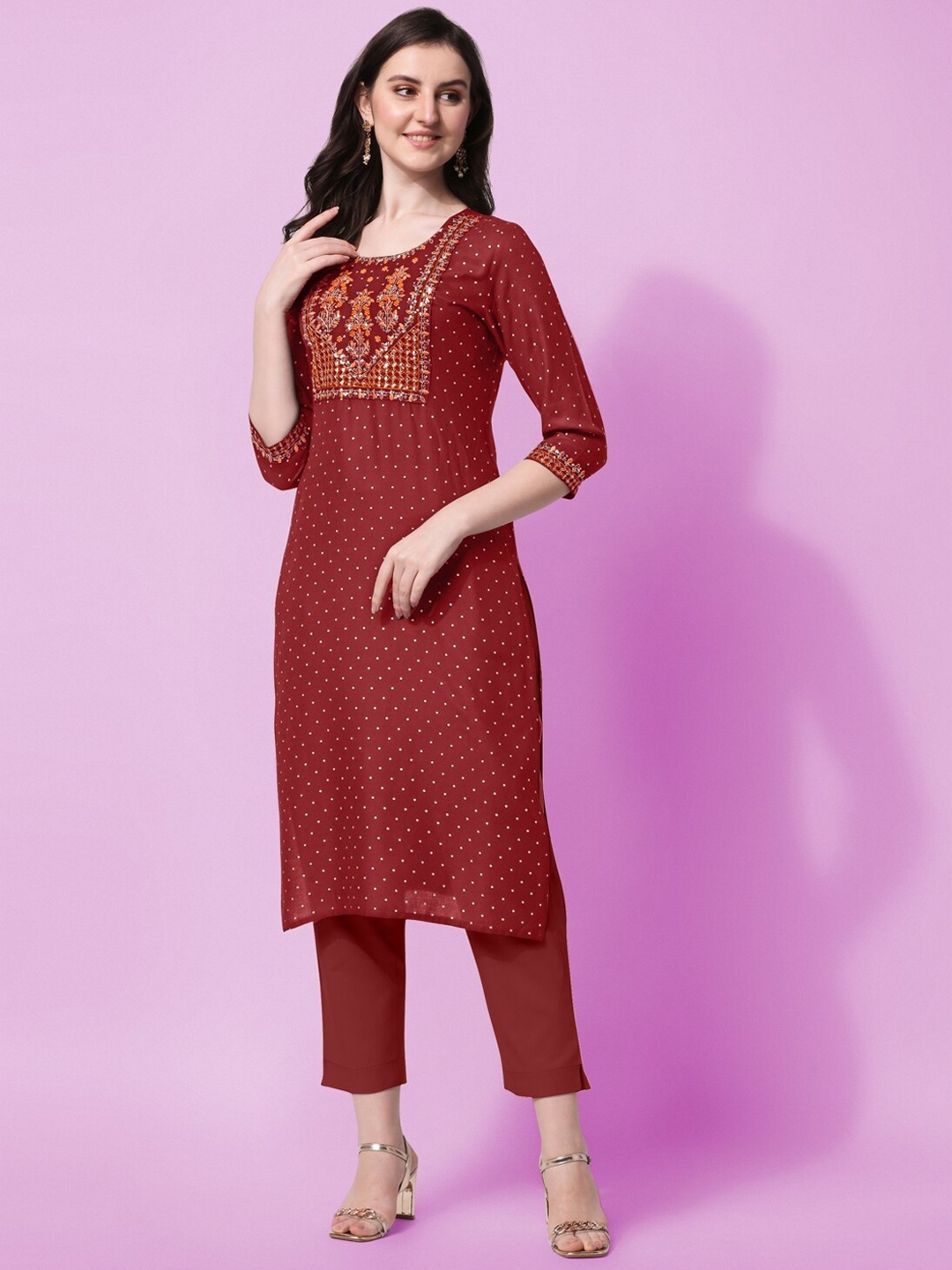 

KALINI Women Maroon Geometric Yoke Design Flared Sleeves Thread Work Kurta