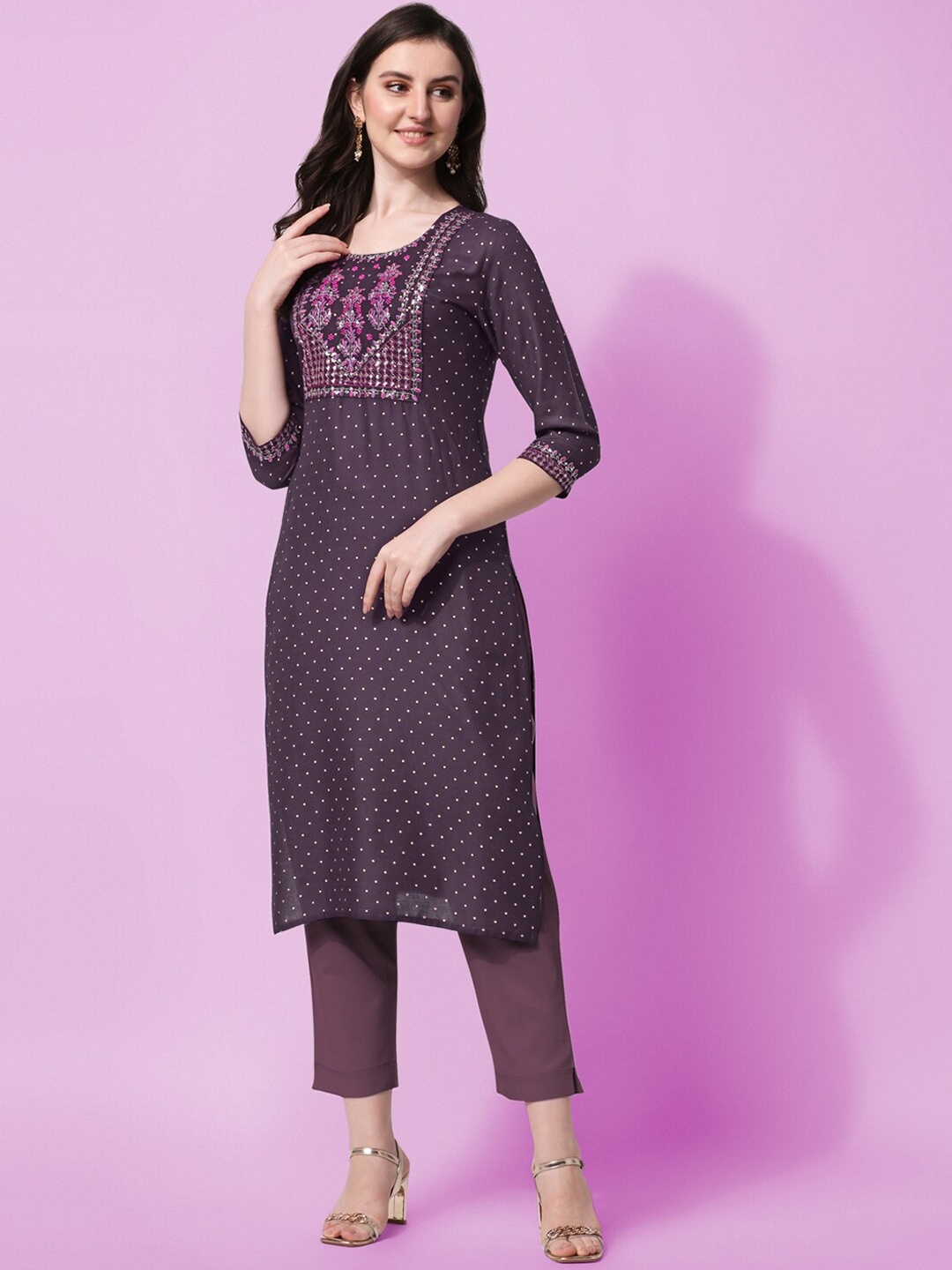 

KALINI Women Purple Geometric Yoke Design Thread Work Kurta