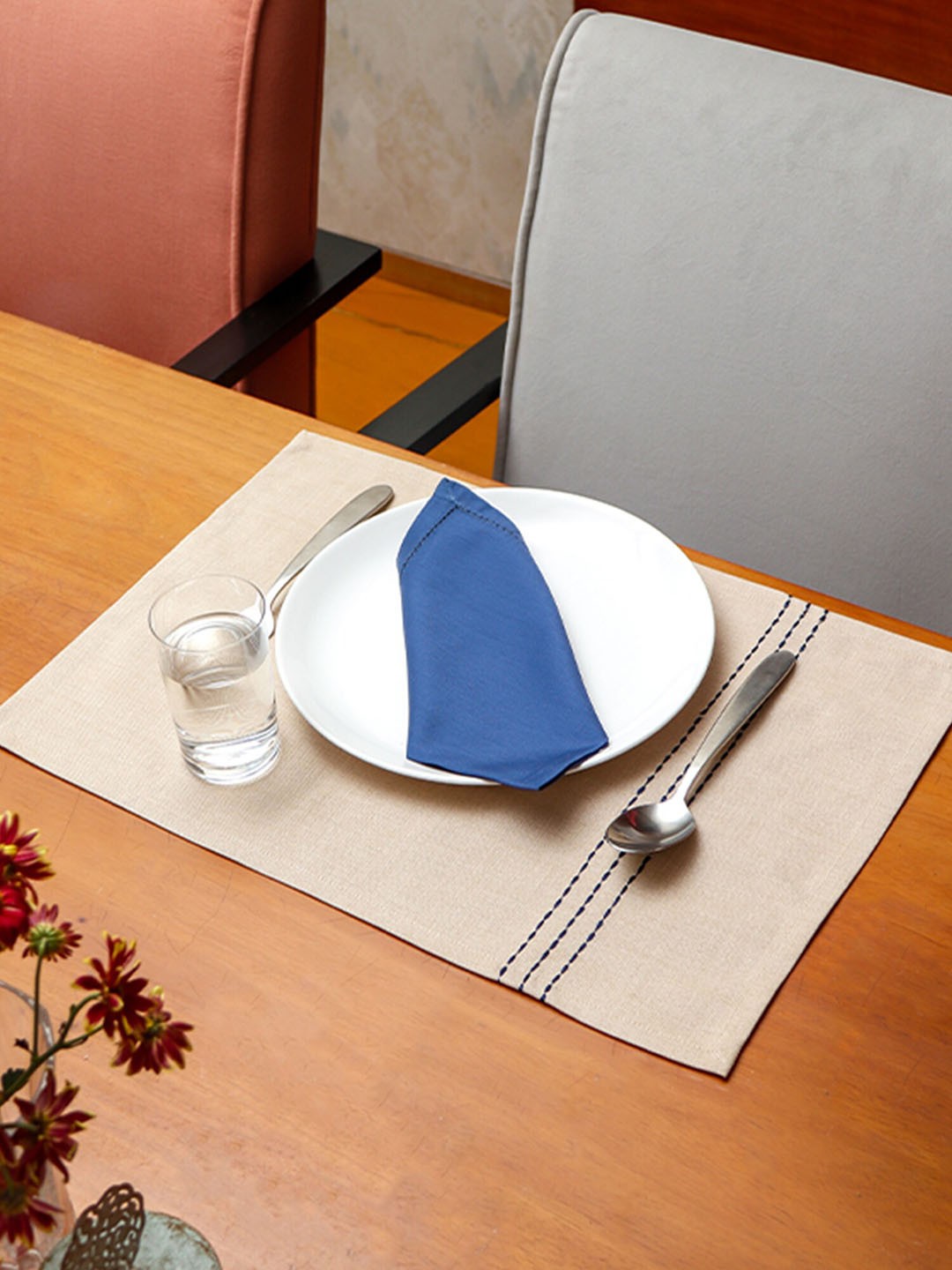 

ZEBA Set Of 6 Beige & Blue Embroidered Table Placemats With Napkins