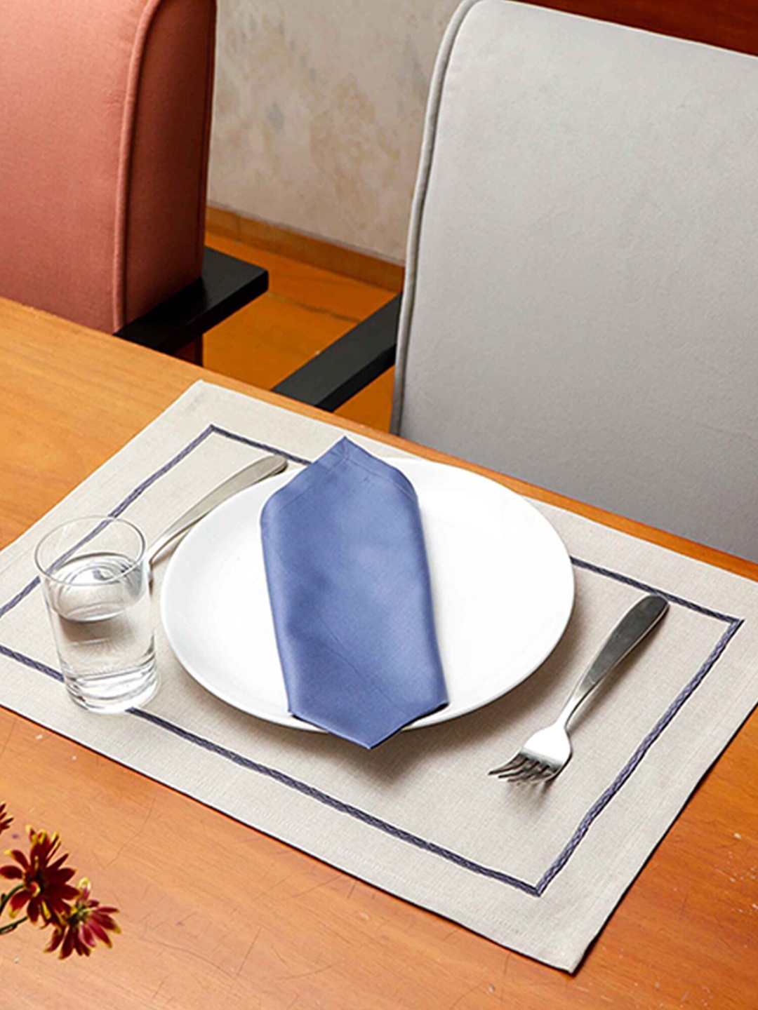 

ZEBA Set Of 6 Beige & Blue Textured Pure Cotton Table Placemats With Napkins