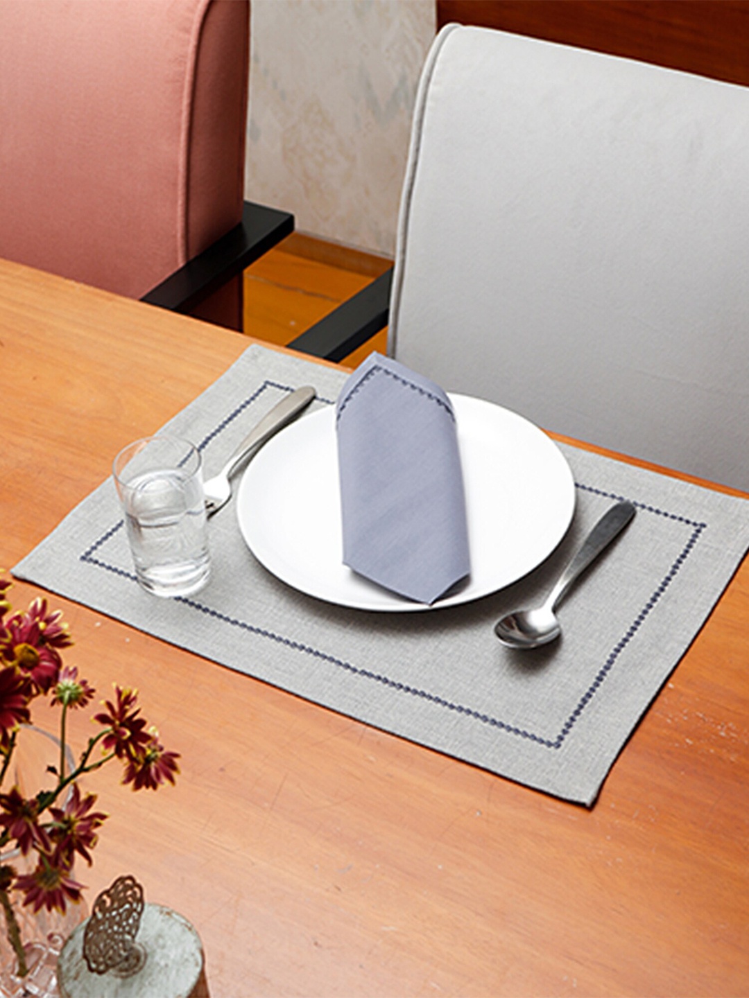 

ZEBA Set Of 6 Solid Cotton Table Mats & Napkins, Grey