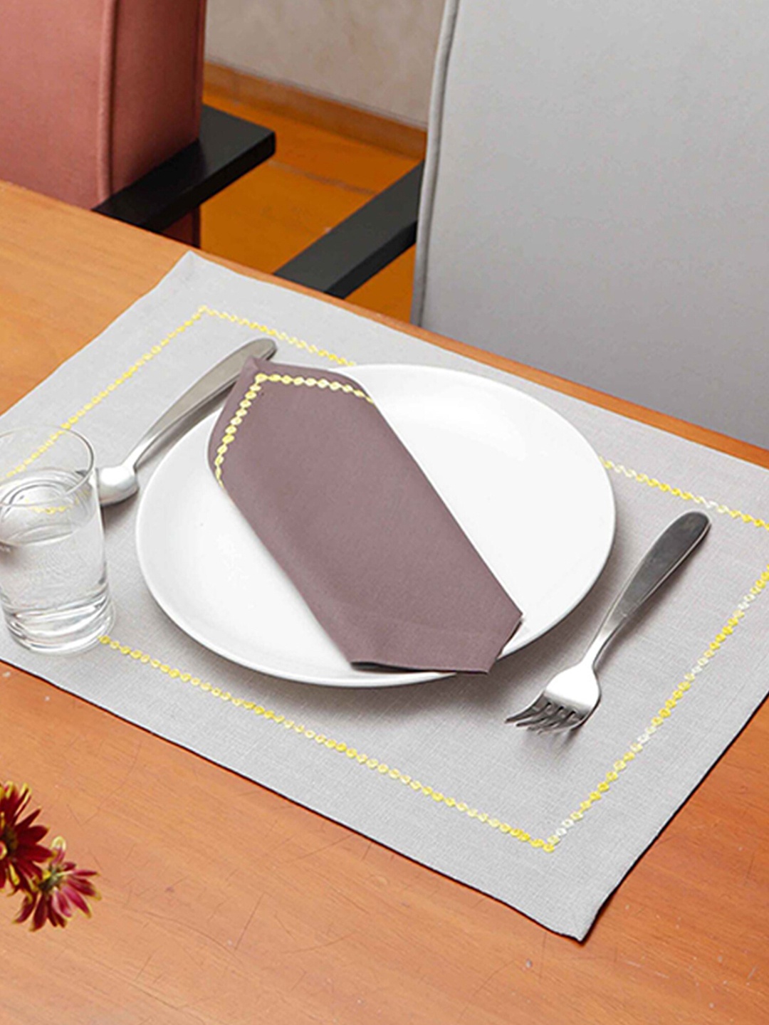 

ZEBA Set Of 6 Grey & Brown Embroidered Pure Cotton Table Placemats With Napkins