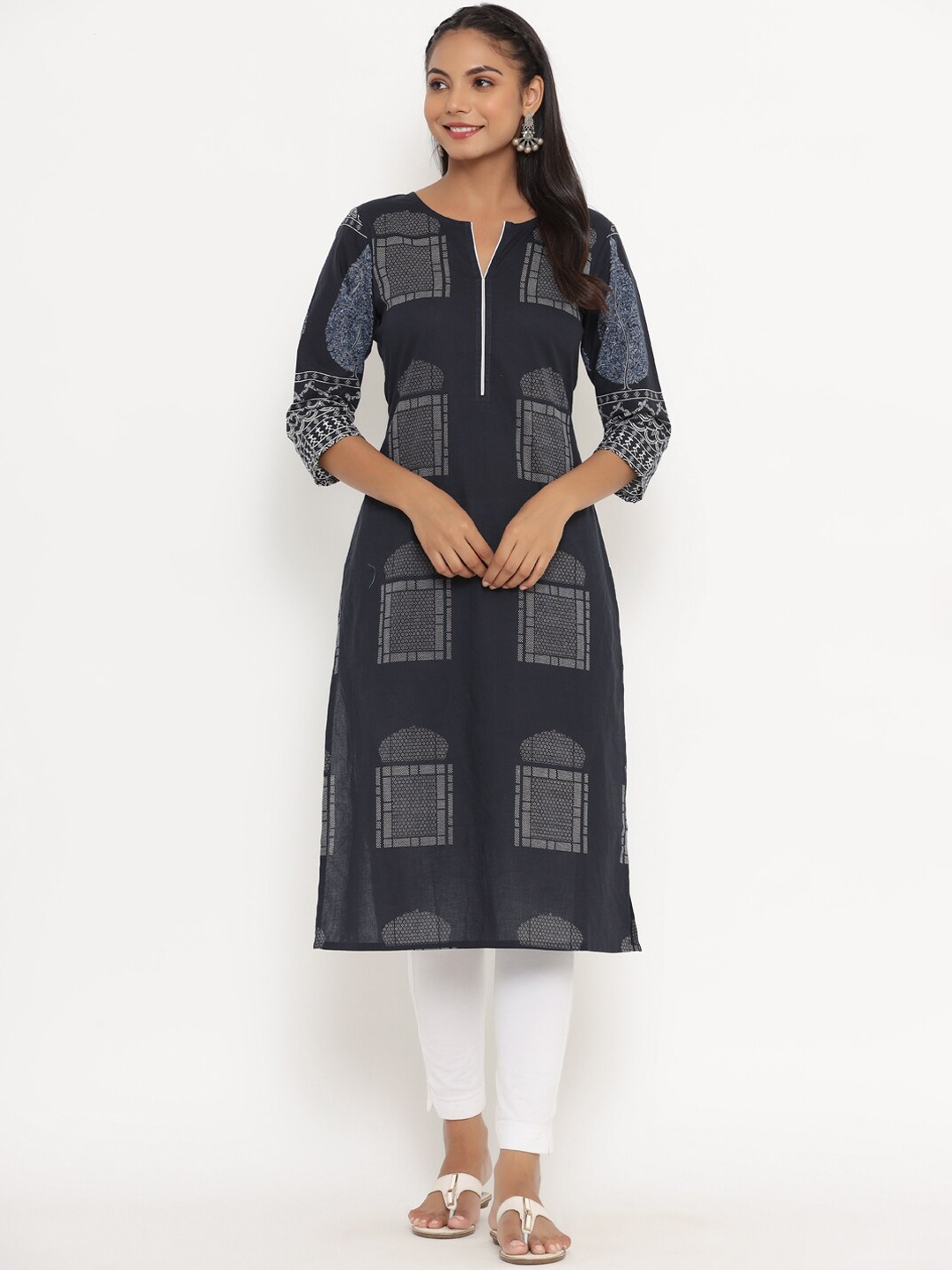 

mirari Women Navy Blue Geometric Print Straight Kurta