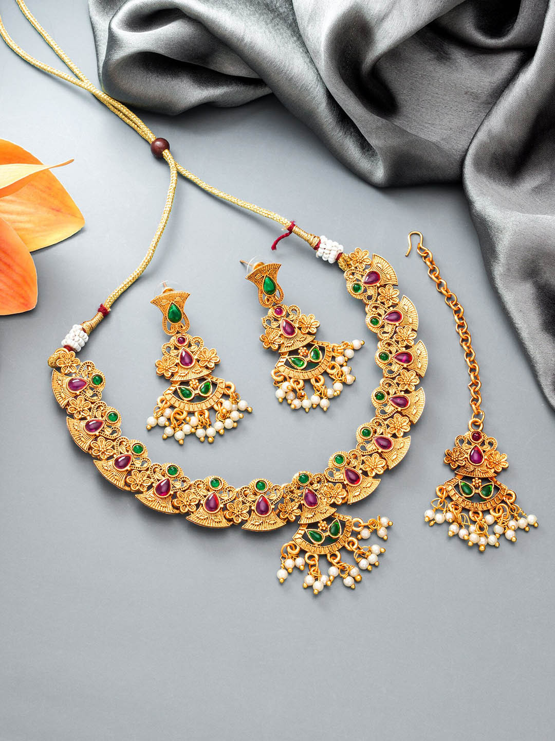 

aadita Gold-Plated Green & Pink Stone Studded Jewellery Set