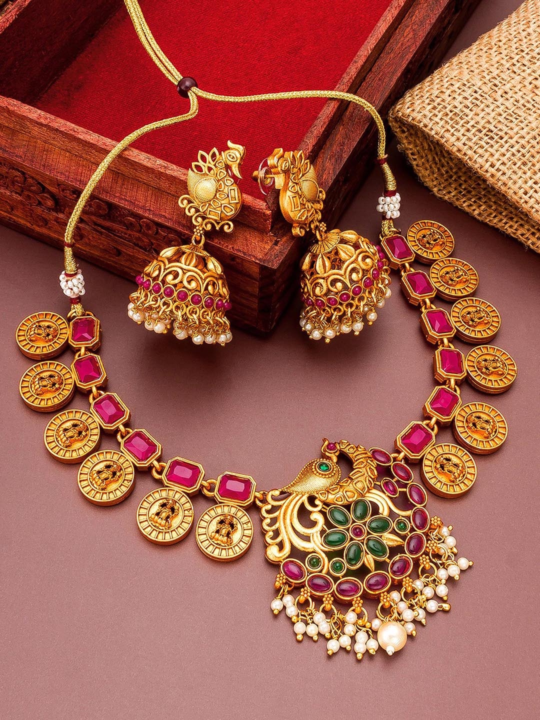 

aadita Gold-Plated & Red Stone-Studded Pearl Choker Necklace Set