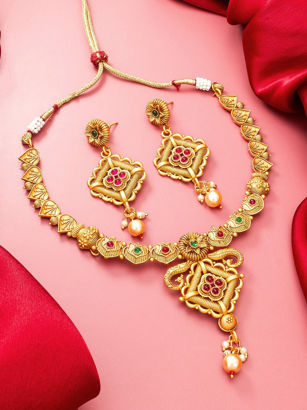 

aadita Gold-Plated Pink & Green Stone-Studded & Beaded Jewellery Set