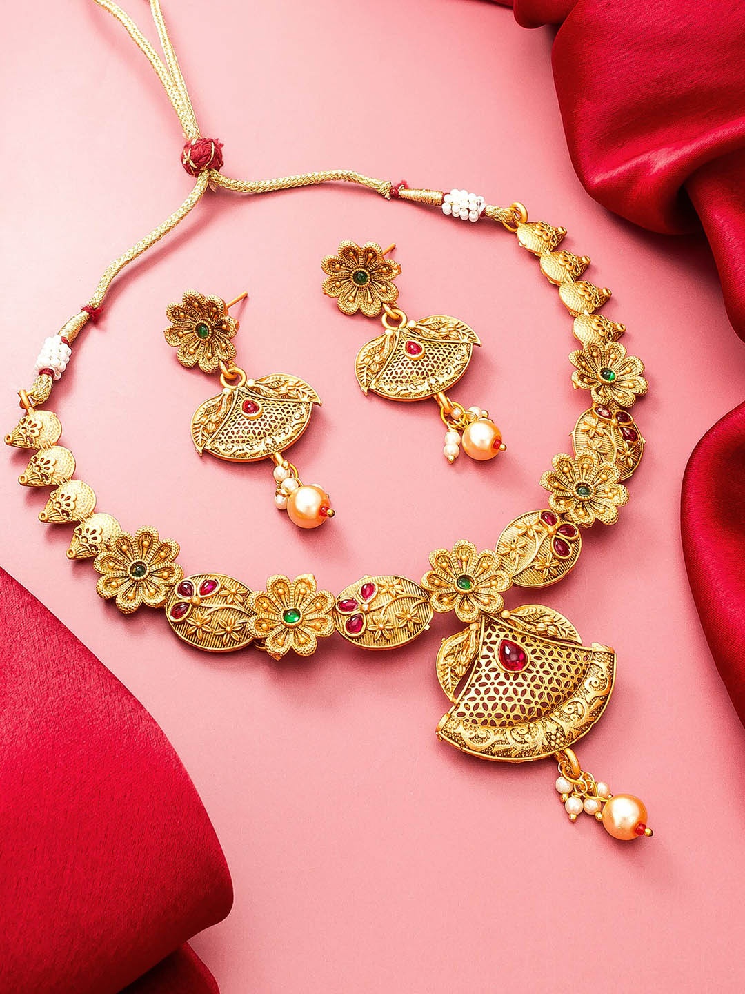 

aadita Gold-Plated & Red Stone-Studded Choker Necklace Set