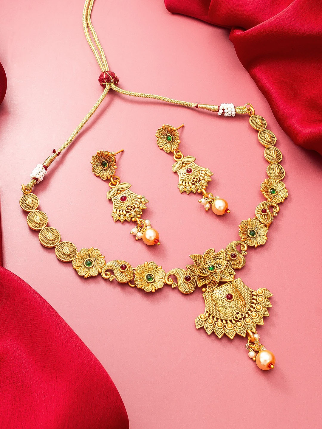 

aadita Gold-Plated Pink & Green Stone-Studded & Beaded Jewellery Set