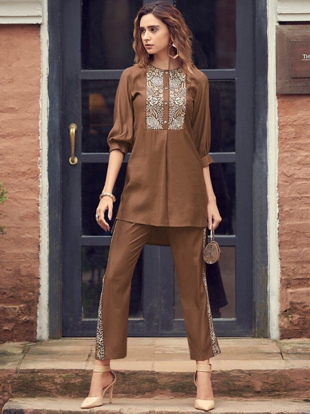 

AUTUMN LANE Women Brown Embroidered Kurti with Salwar
