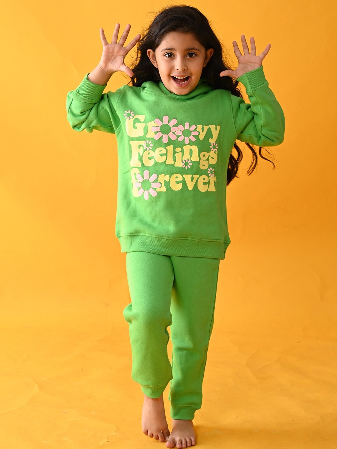 

Anthrilo Girls Green Groovy Feelings Fleece Hoodie with Jogger Set