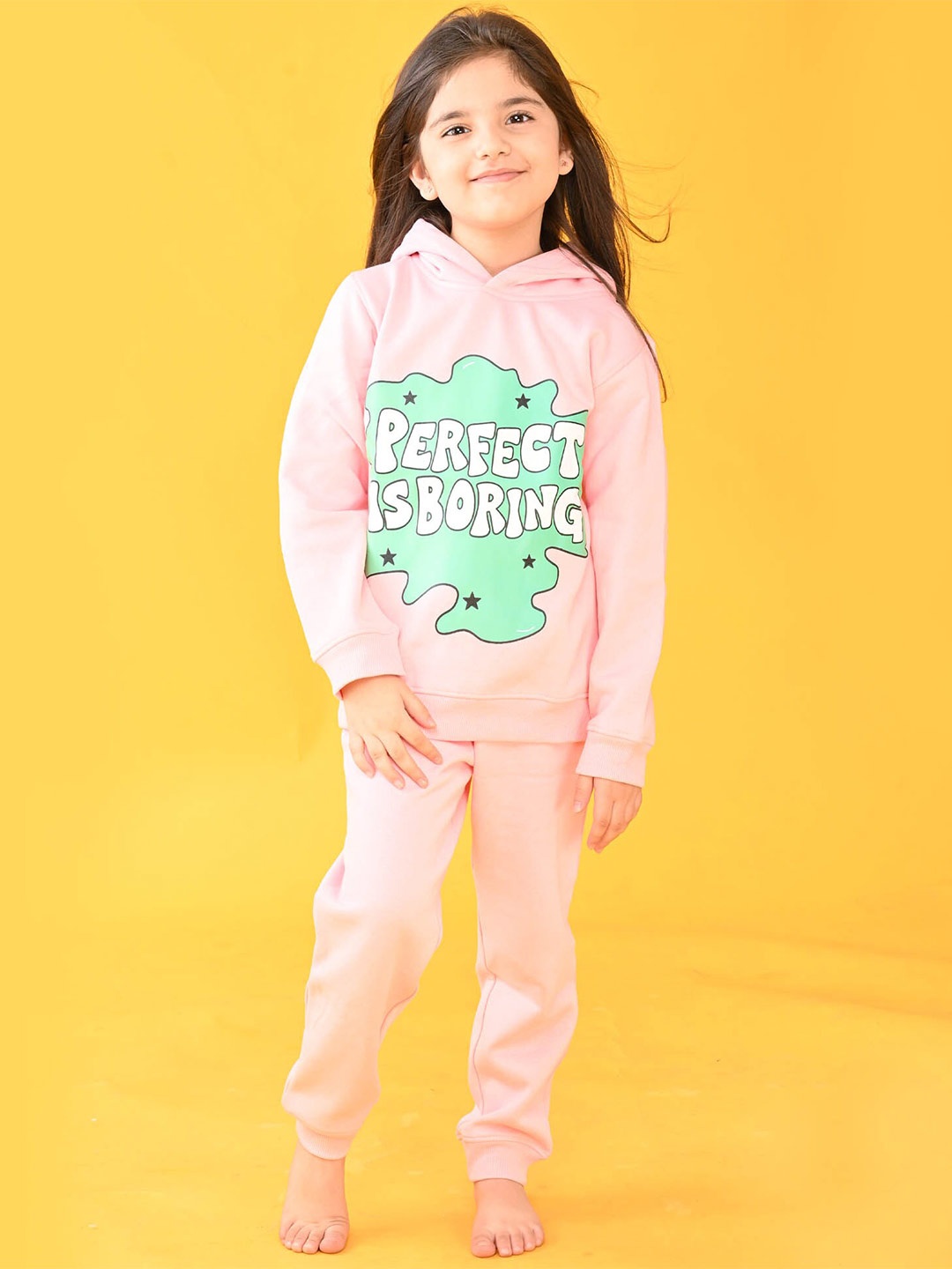 

Anthrilo Girls Perfect Is Boring Printed Fleece Jogger Set, Pink