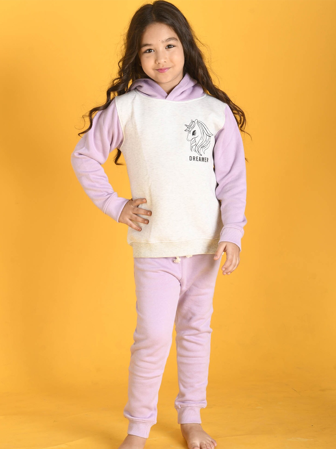 

Anthrilo Girls Grey Melange & Lavender Dreamer Printed T-shirt with Joggers