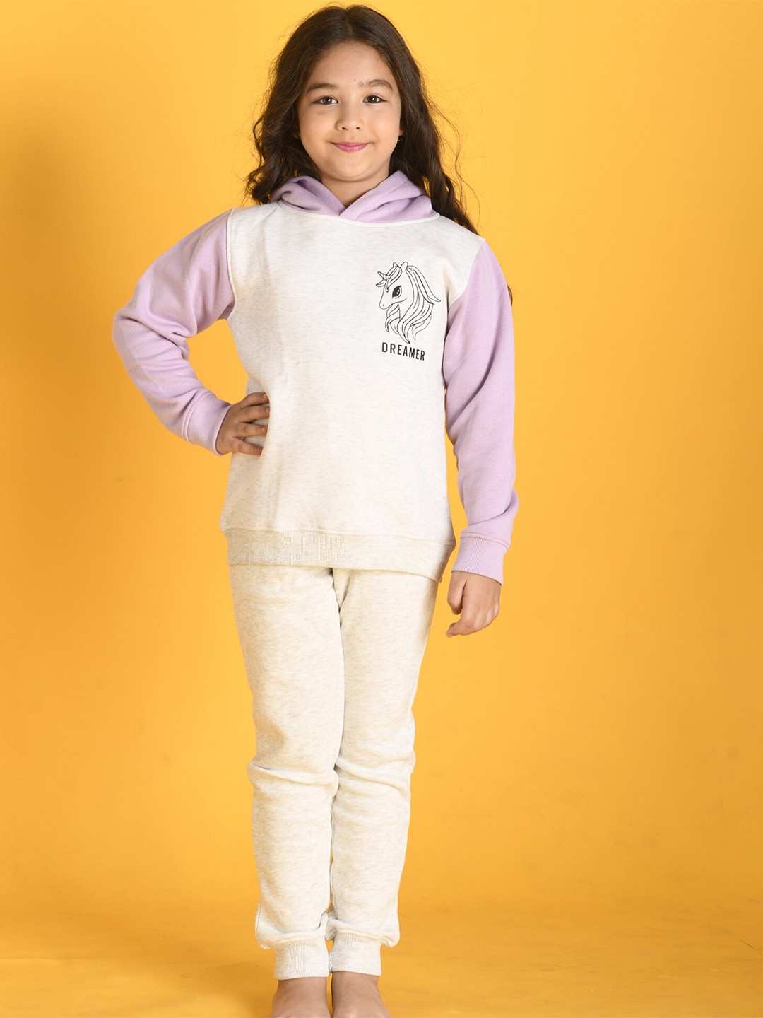 

Anthrilo Girls Grey Melange & Purple Fleece Hooded Sweatshirt With Joggers