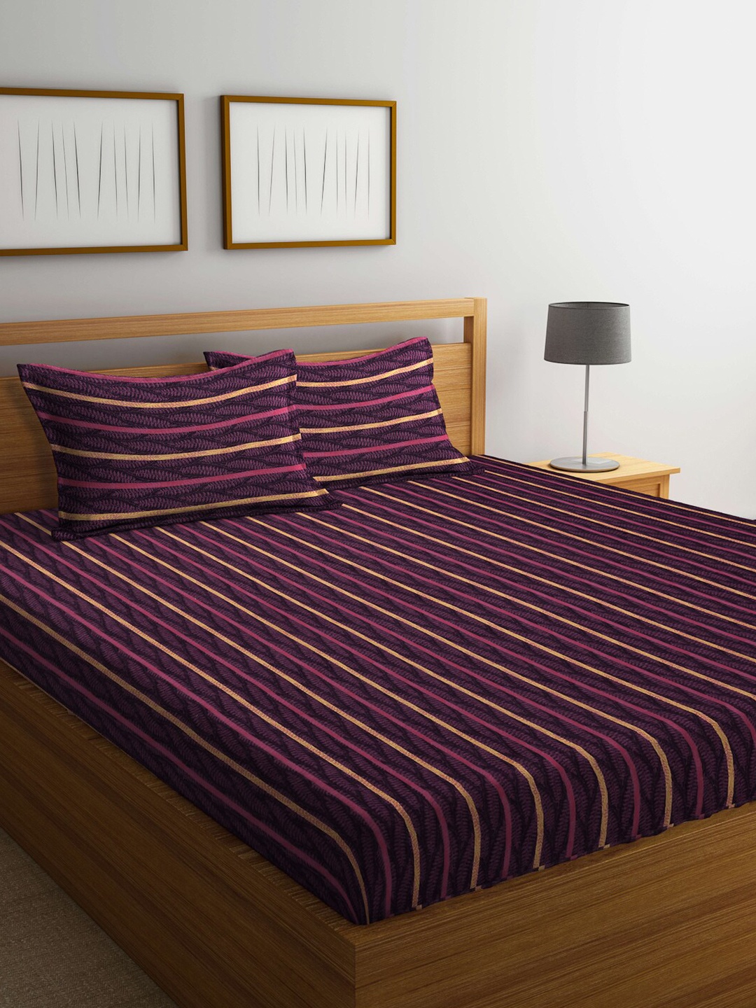 

KLOTTHE Striped 349 TC Pure Cotton King Bedsheet with 2 Pillow Covers, Burgundy