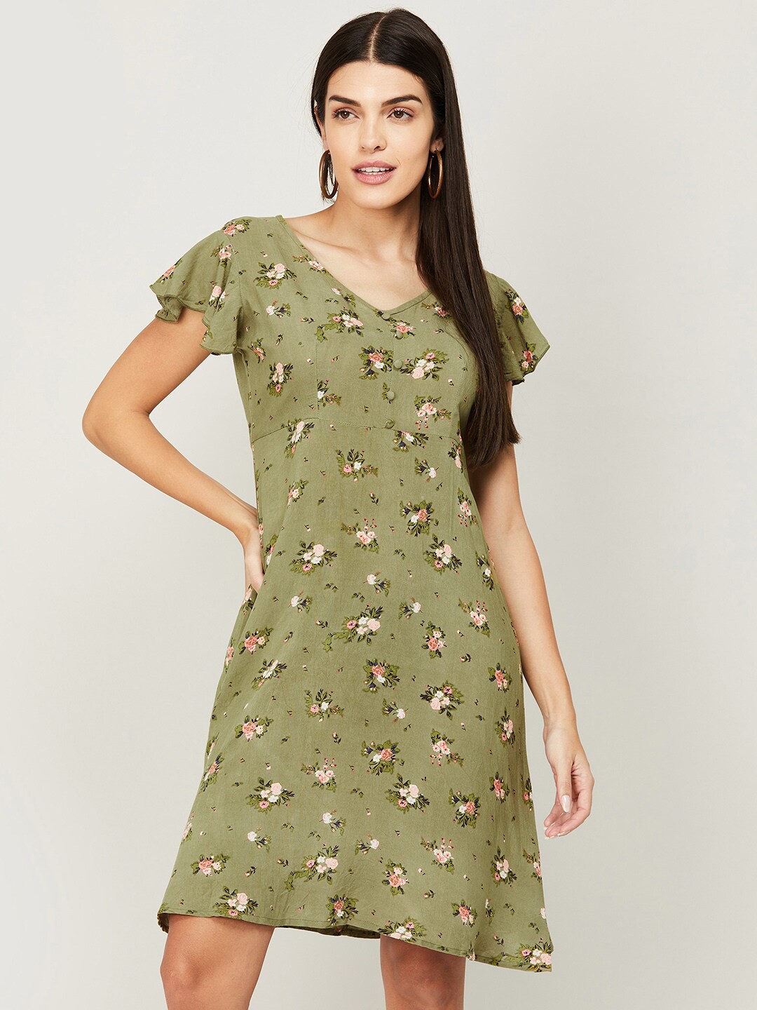 

Fame Forever by Lifestyle Olive Green Floral A-Line Dress