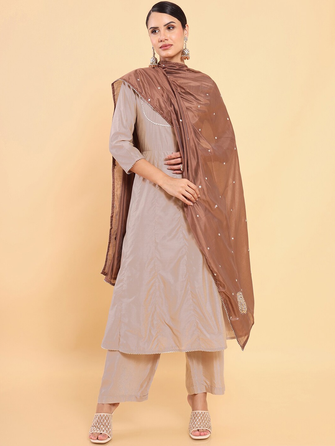 

Soch Women Beige Chanderi Silk Kurta with Trousers & With Dupatta