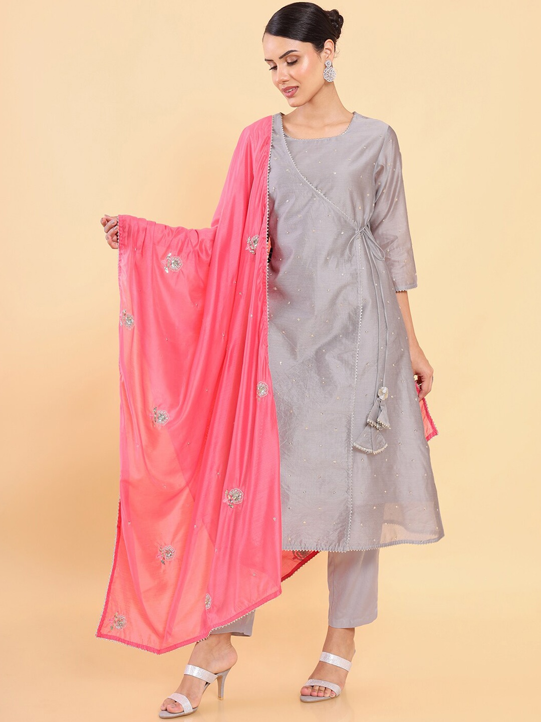 

Soch Women Grey Angrakha Chanderi Silk Kurta with Trousers & With Dupatta