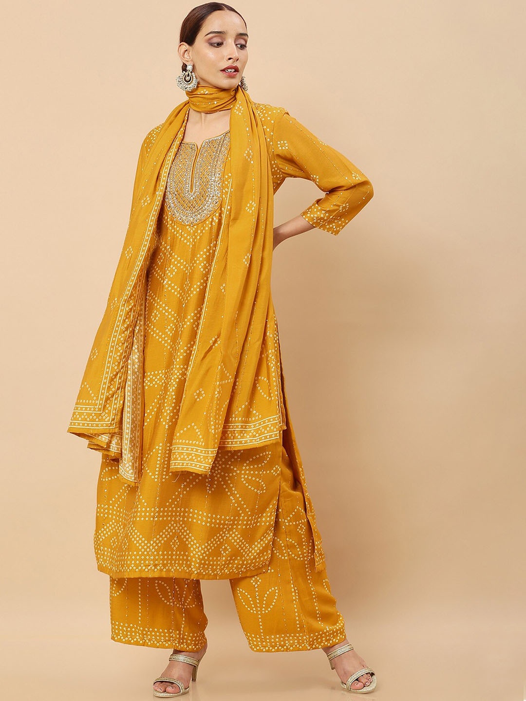 

Soch Women Mustard Yellow Bandhani Printed Beads and Stones Pure Cotton Kurta with Palazzos & With Dupatta