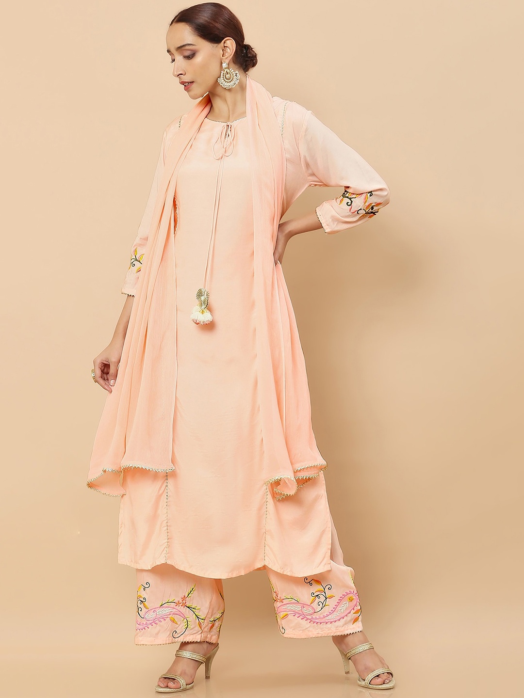 

Soch Women Peach-Coloured Pure Cotton Kurta with Palazzos & With Dupatta