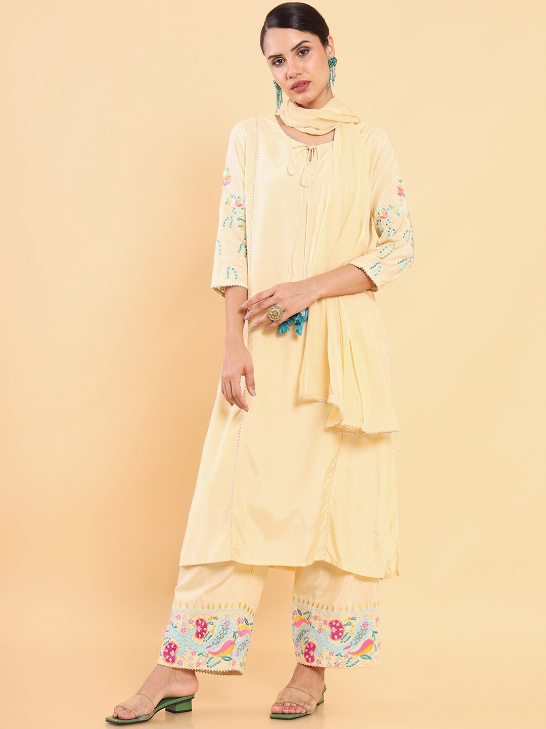 

Soch Women Beige Kurta with Trousers & With Dupatta