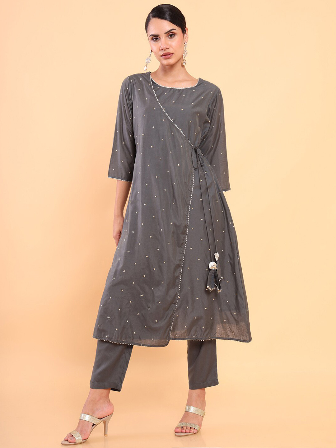 

Soch Women Charcoal Embroidered Angrakha Chanderi Silk Kurta with Trousers