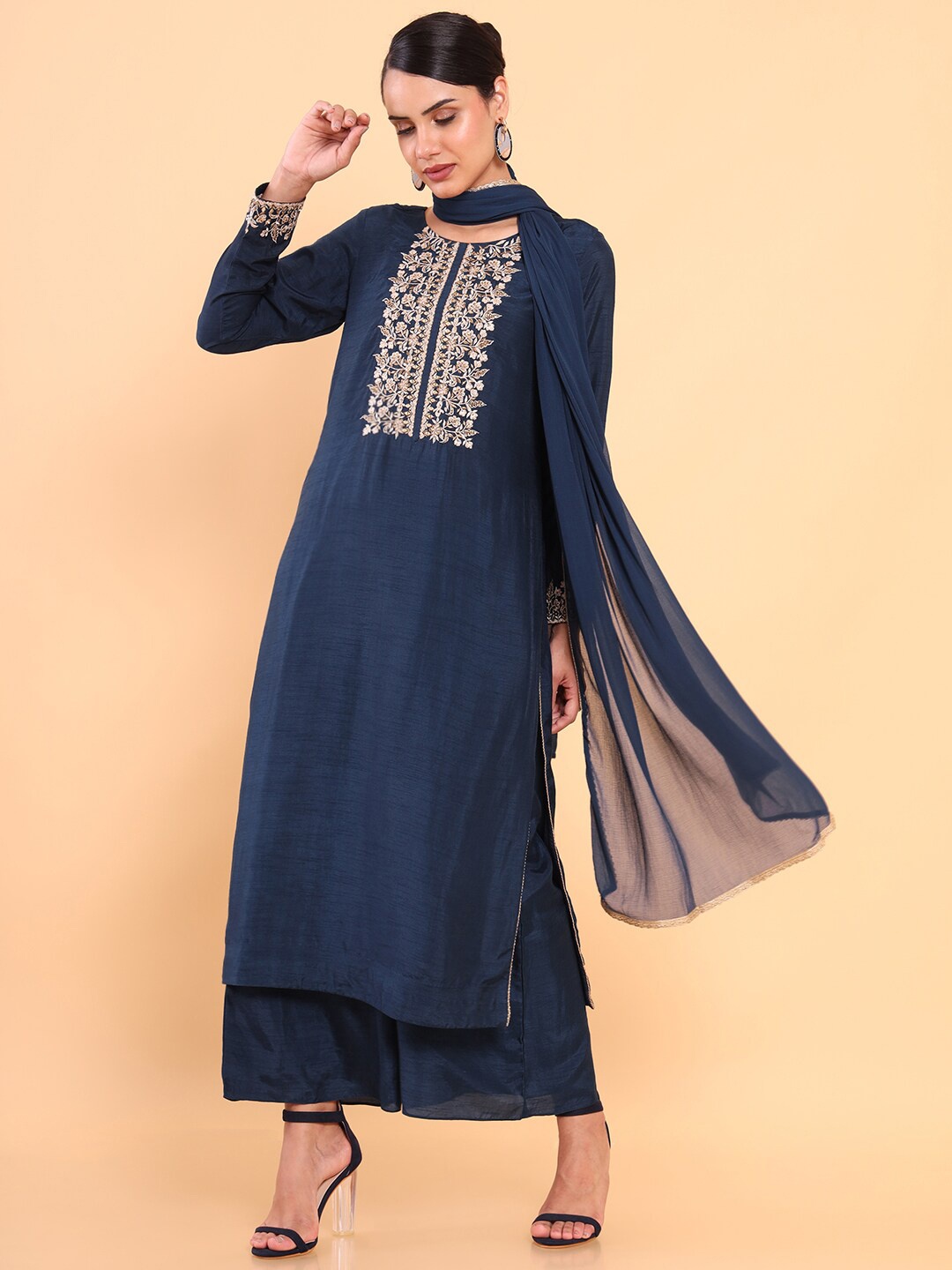 

Soch Women Blue Yoke Design Kurta with Palazzos & With Dupatta