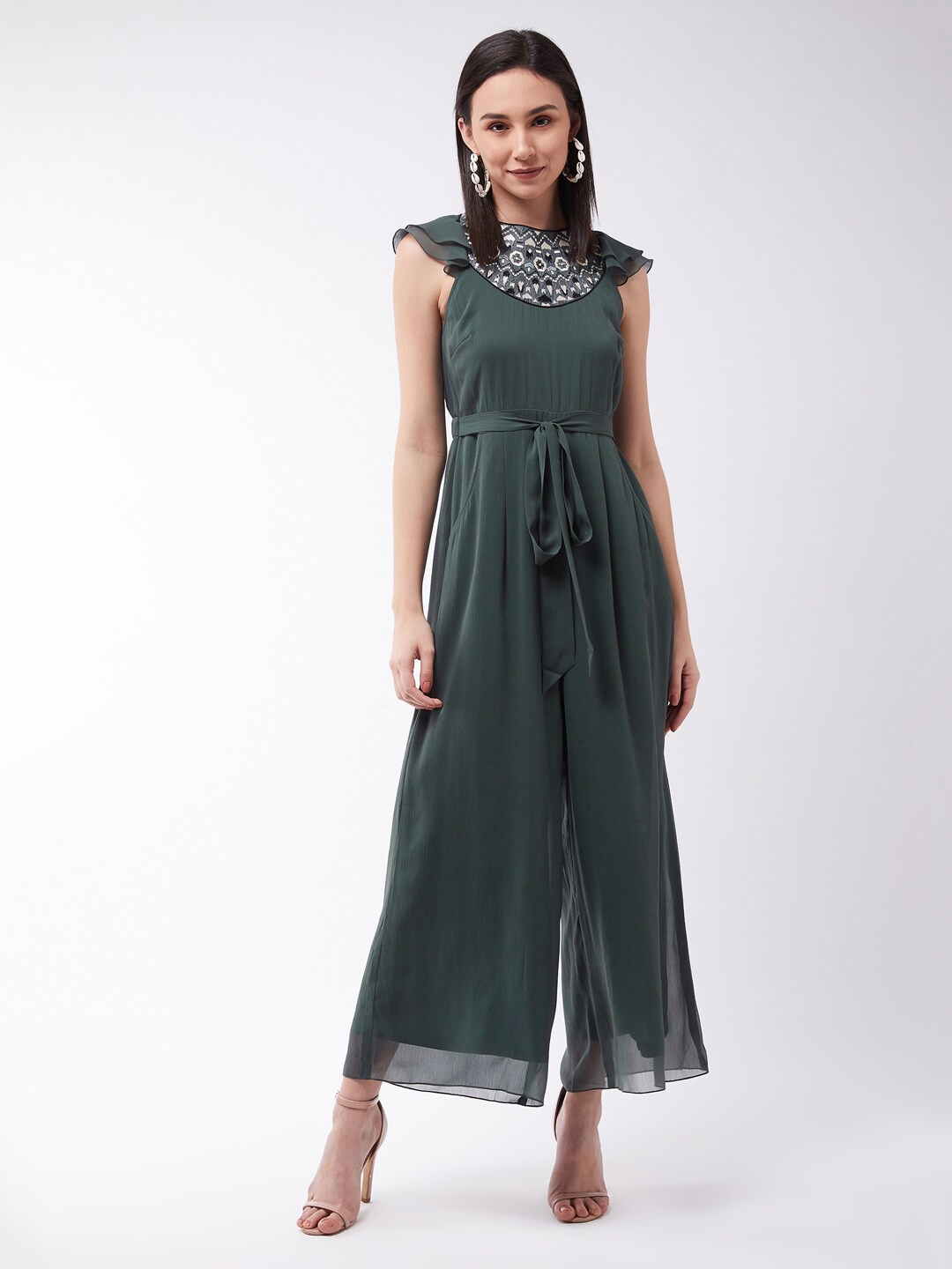 

Miss Chase Women Green & Grey Basic Jumpsuit with Embroidered