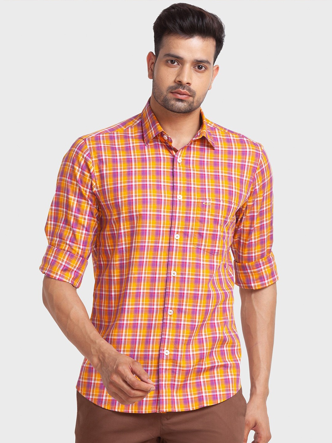 

ColorPlus Men Yellow Tailored Fit Checked Casual Shirt