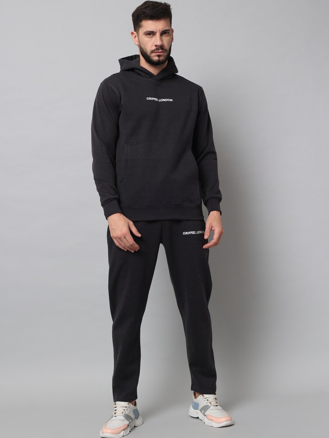 

GRIFFEL Men Charcoal-Coloured Solid Hooded Tracksuits