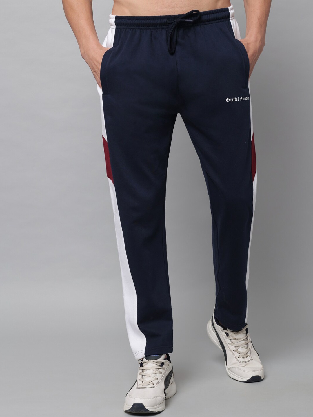 

GRIFFEL Men Navy-Blue Colour-Blocked CottonTrack Pants