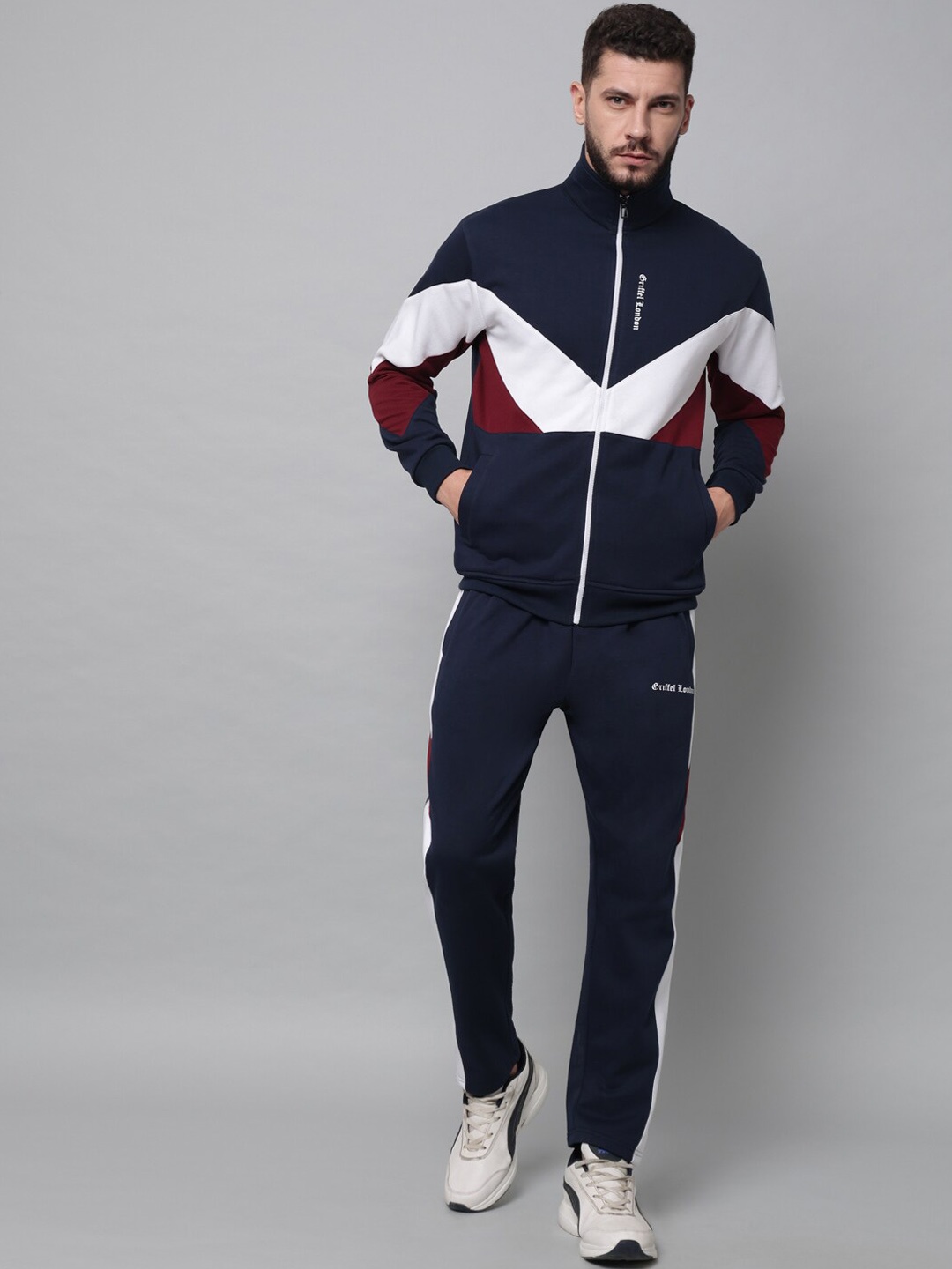 

GRIFFEL Men Navy Blue & White Colorblocked Tracksuits