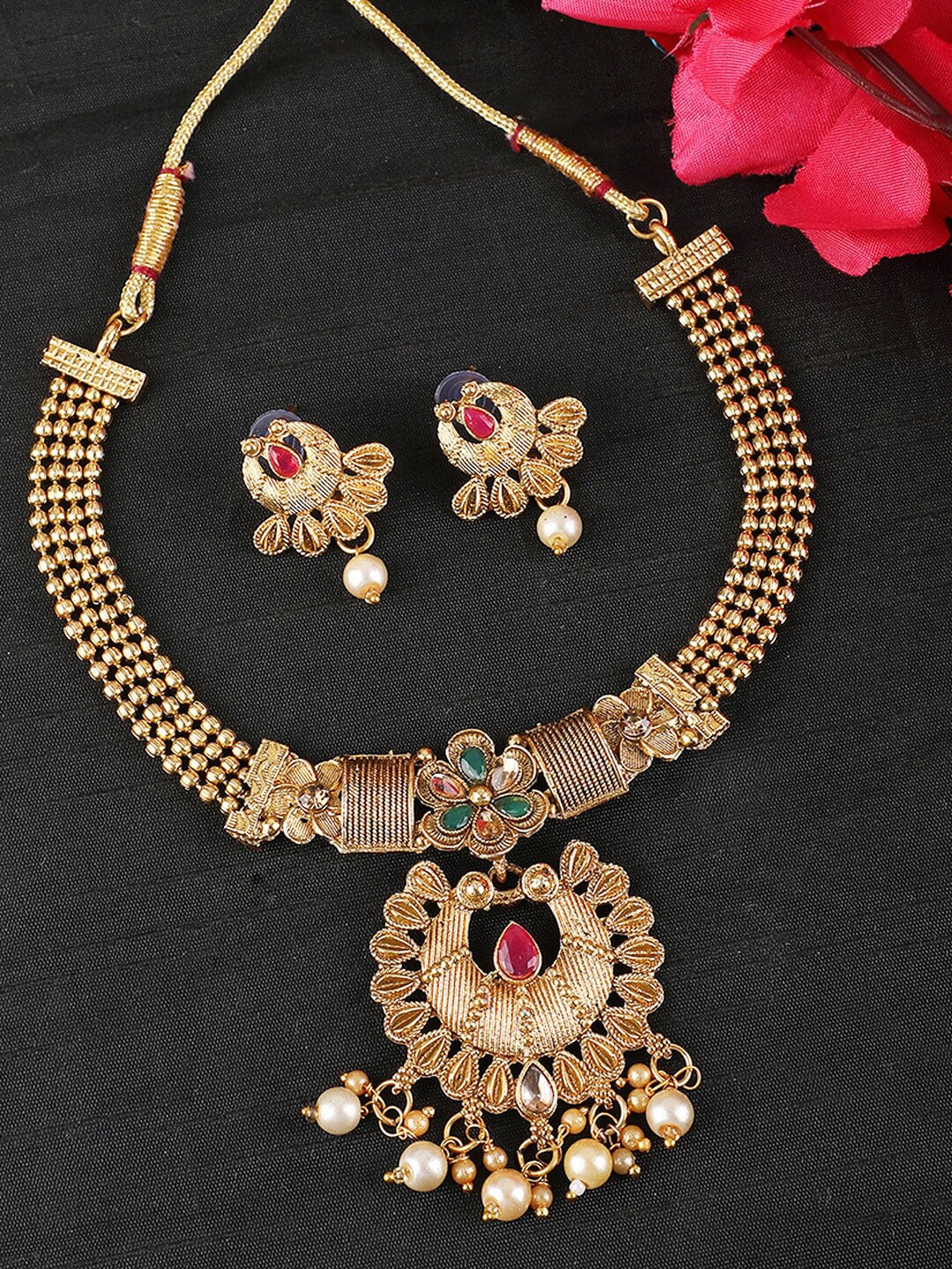 

ANIKAS CREATION Gold-Plated Red Stone-Studded & Pearl Beaded Choker Jewellery Set