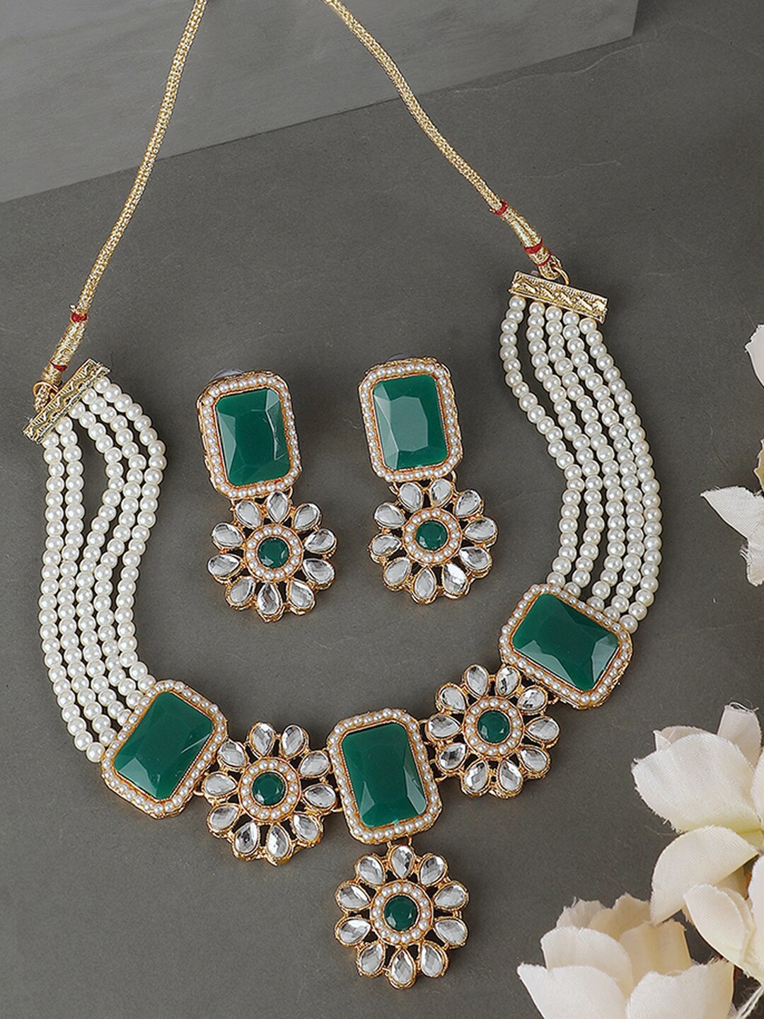 

ANIKAS CREATION Gold-Plated Green & White Stones Studded & Pearl Beaded Jewellery Set