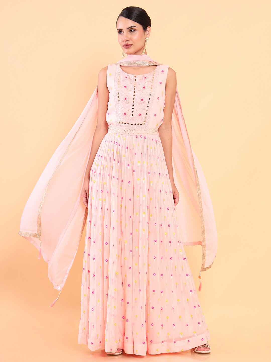 

Soch Women Peach-Coloured Printed Basic Jumpsuit with Embroidered With Dupatta