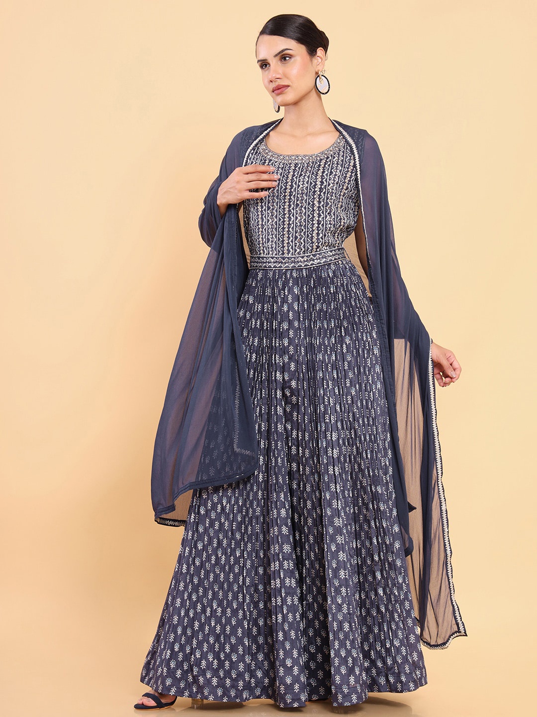 

Soch Women Navy Blue & Off White Printed Basic Jumpsuit with Dupatta