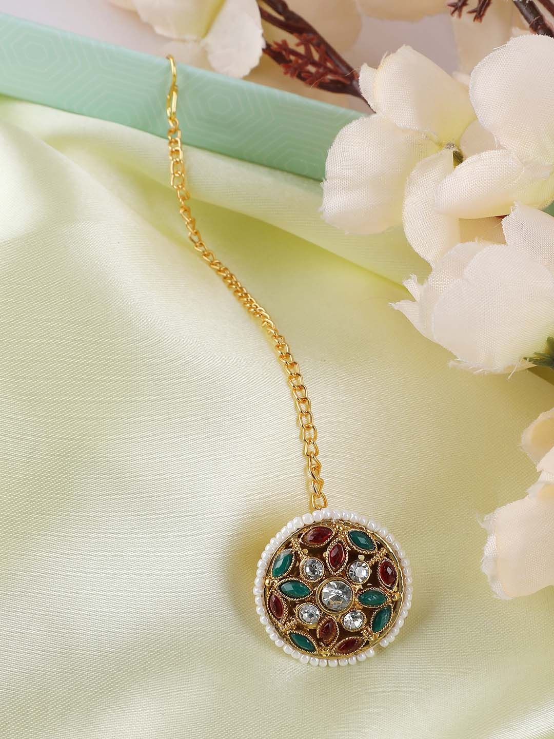 

ANIKAS CREATION Gold-Plated Stone-Studded Beaded Maang Tikka