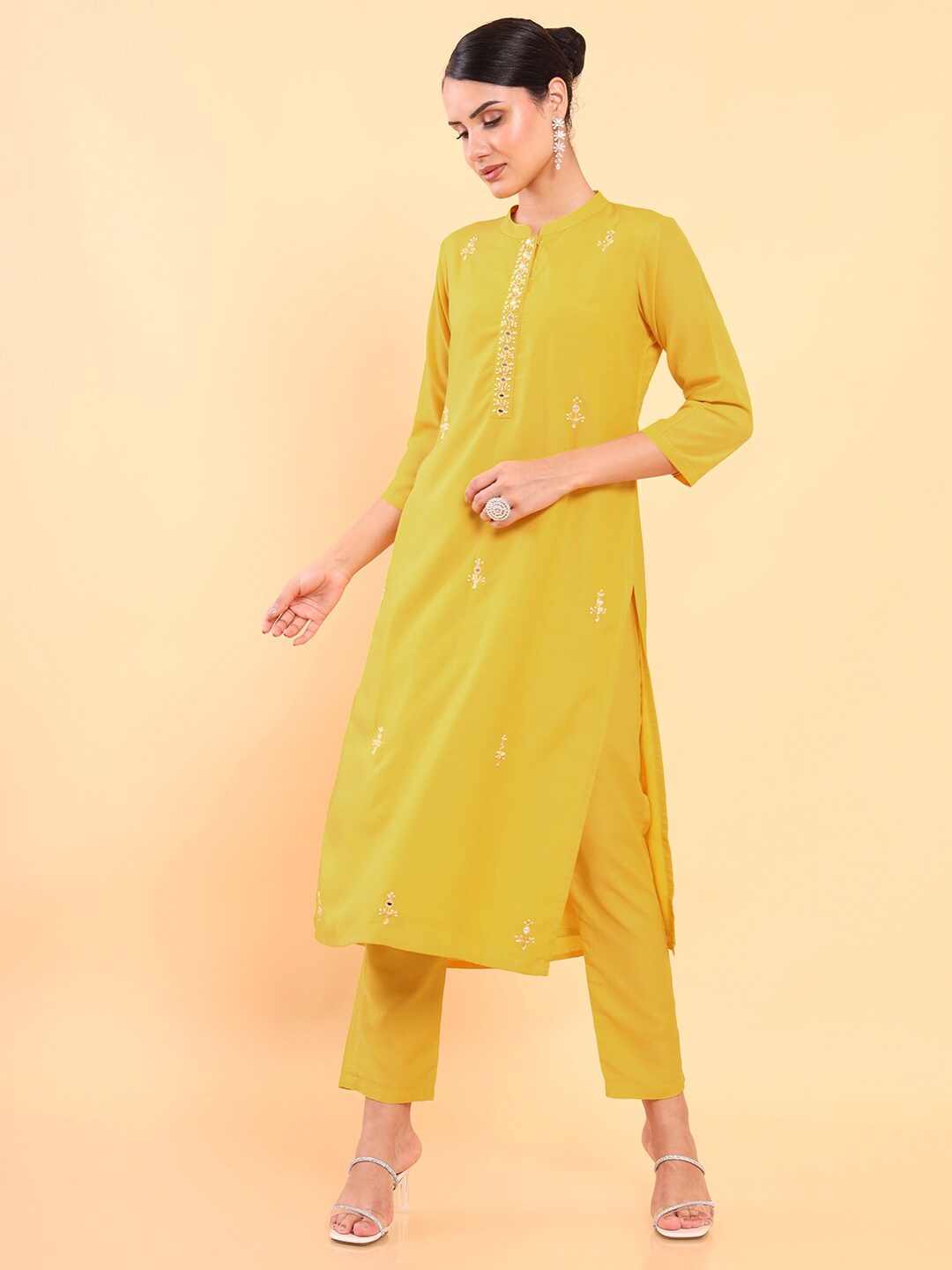 

Soch Women Mustard Yellow Floral Printed Beads and Stones Kurta with Trousers